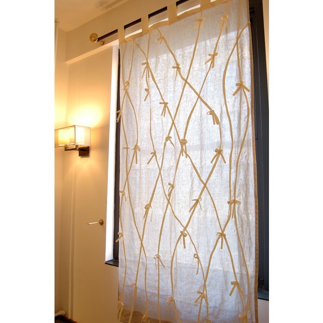Contemporary Sculpted Linen Window Panel With Top Stitching Tied Ribbons For Sale - Image 3 of 8