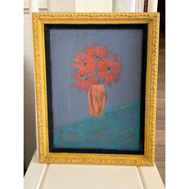 Vibrant Rustic Primitive Floral Burst Painting in Vintage Frame For Sale - Image 9 of 12