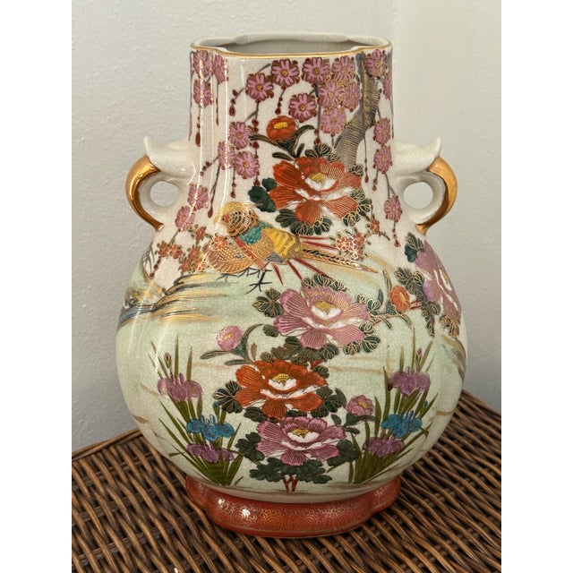 Vintage Japanese Export Moon Flask Vase With Pheasant and Peonies For Sale - Image 10 of 10