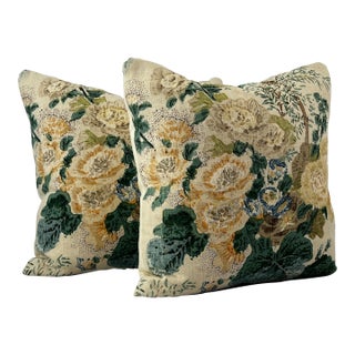 Althea Citron Attributed to Lee Jofa Floral Linen 18” Down Pillows - A Pair For Sale