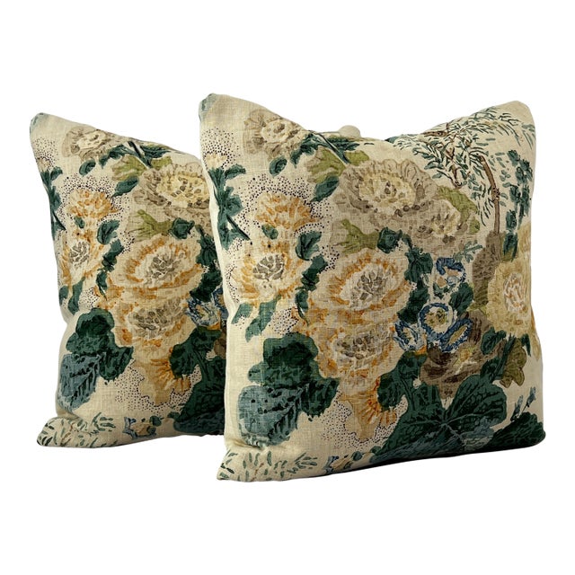 Althea Citron Attributed to Lee Jofa Floral Linen 18” Down Pillows - A Pair For Sale