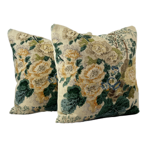 Althea Citron Attributed to Lee Jofa Floral Linen 18” Down Pillows - A Pair