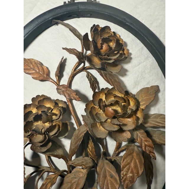 Pair Handmade Antique Chinese Gilt Wrought Iron Wood Flower Wall Art Sculptures For Sale - Image 10 of 14