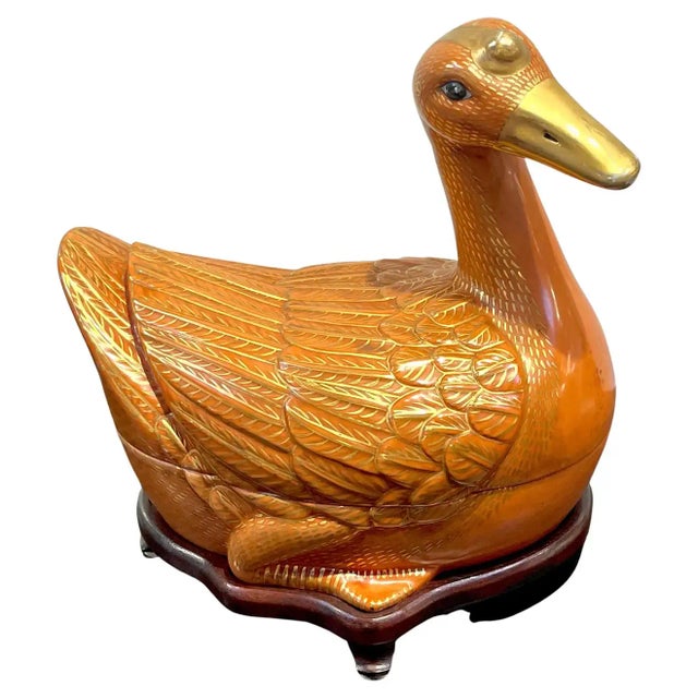Late 20th Century Chinese Export Porcelain Figural Iron Red and Gilt Duck Tureen & Stand For Sale - Image 13 of 13