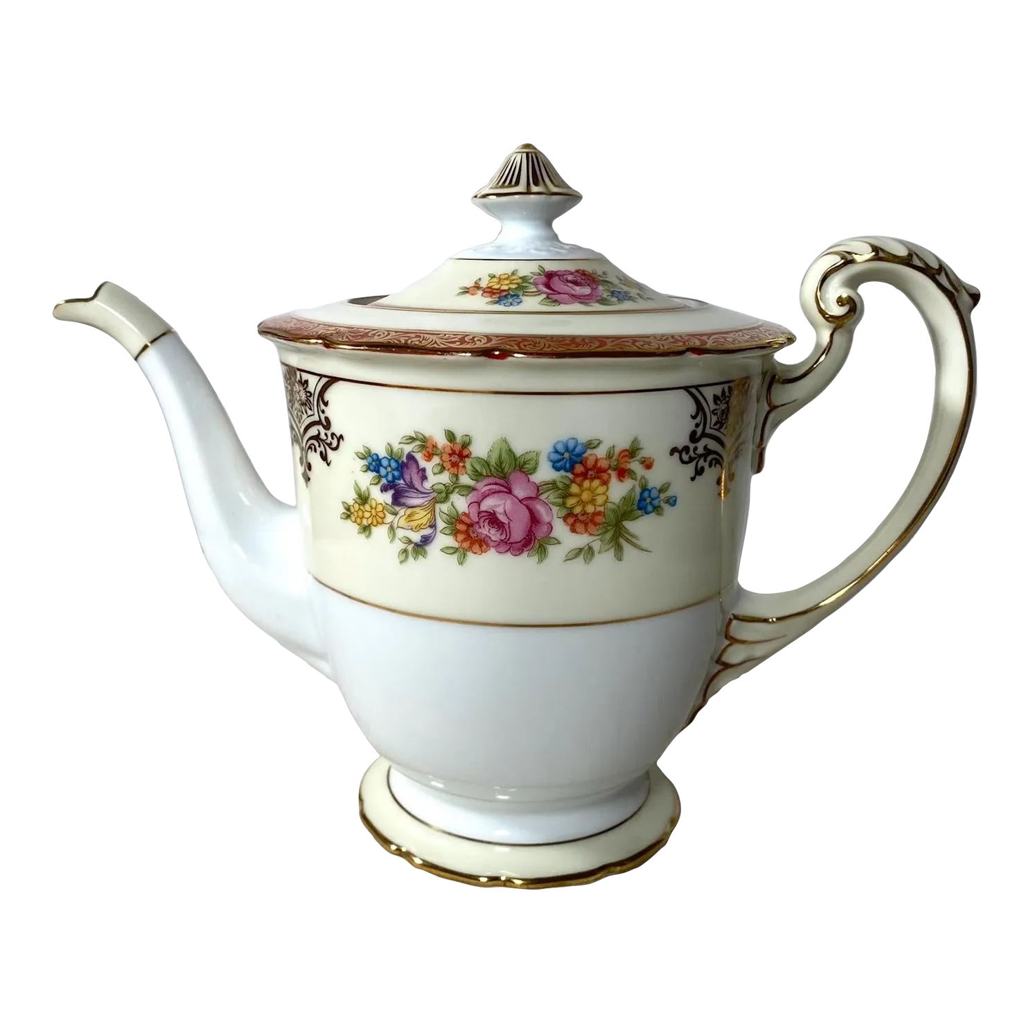 Vintage Noritake Floral Teapot & Lid - Red Bands, Filigree