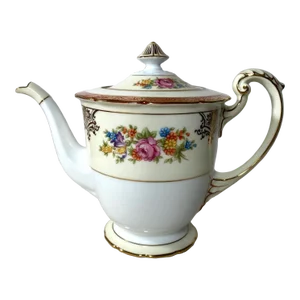 Vintage Noritake Floral Teapot & Lid - Red Bands, Filigree, Scalloped, Gold Trim