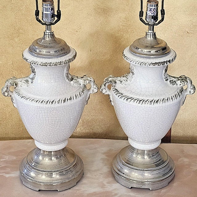 Vintage Pair of Neoclassical Trophy Urn Table Lamps in White Crackle Glaze – Made in Usa For Sale - Image 13 of 18