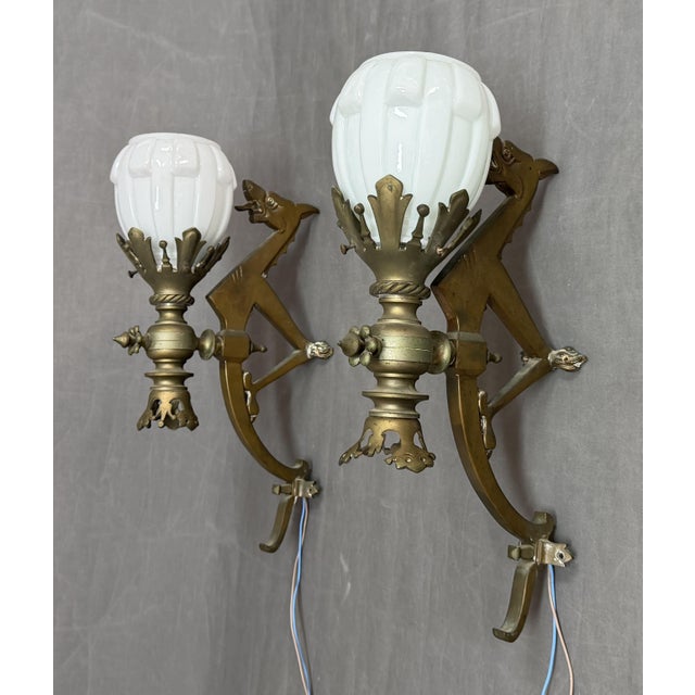 Art Deco Bronze Wall Sconces with Tulip Shades and Dragons, 1890s, Set of 2 For Sale - Image 6 of 11