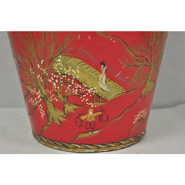 Chinoiserie Mid 20th Century Italian Chinoiserie Hand Painted Oriental Red Tole Metal Wastebasket Trashcan For Sale - Image 3 of 18