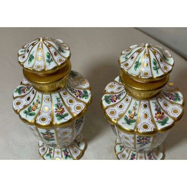 Gold Pair 2 Antique Handmade Painted Meissen Porcelain Scent Perfume Bottles Jars For Sale - Image 8 of 9
