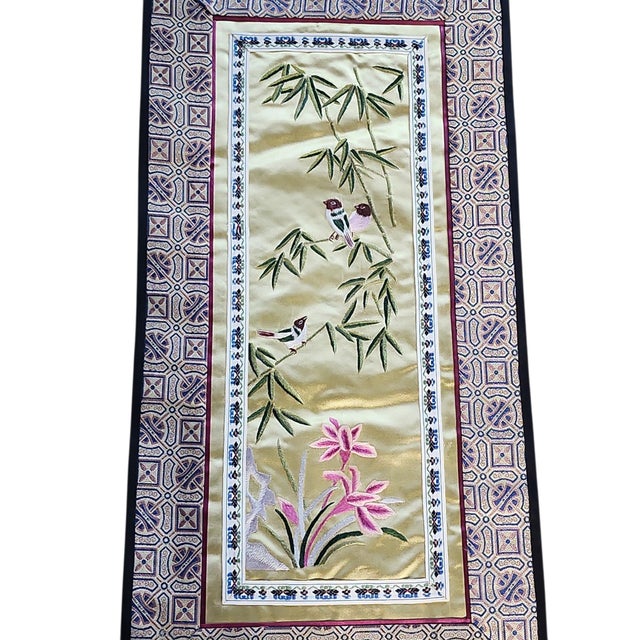 Fine pair antique late Qing period hand embroidered silk panels, featuring traditional motifs of flowers, butterflies,...