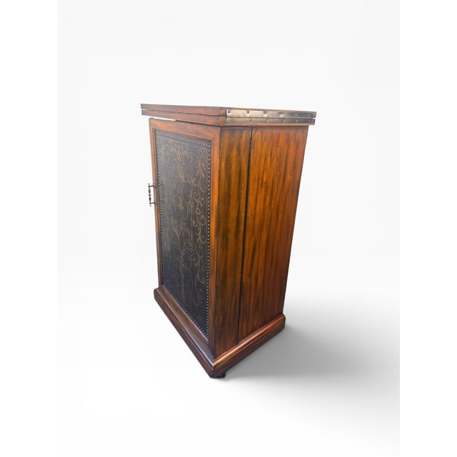 Wood Attributed Theodore Alexander Mahogany Rolling Bar Cabinet With Etched Brass Panels For Sale - Image 7 of 17