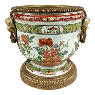 20th Century Hand Painted Porcelain and Bronze Planter of Flowers and Birds For Sale