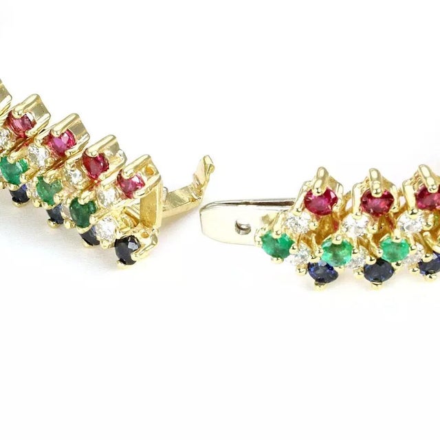 Diamond & Gems Bracelet 18k Yellow Gold 12mm Wide Flex Link For Sale - Image 4 of 5