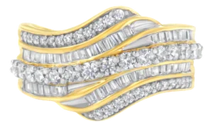 10K Yellow Gold 1.0 Cttw Baguette and Round Diamond Multi-Row Wave Bypass Ring ( Color, Clarity) - Size 8