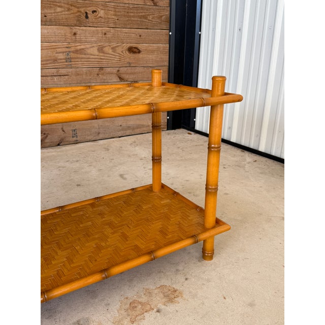 Vintage Boho Faux Bamboo Style Tiered Shelf With Rattan Parquetry Weave For Sale - Image 9 of 12
