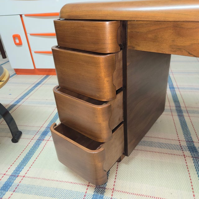 Art Deco Paul Goldman Rare Art Deco Streamlined Walnut/Veneer Plywood Pedestal Desk For Sale - Image 3 of 18