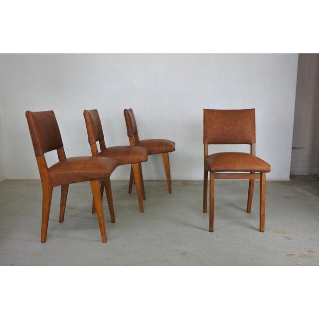 Dining Chairs in Oak Wood and Leather attributed to Jens Risom for Knoll International, 1950s, Set of 4 For Sale - Image 18 of 18