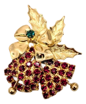 Vintage 1960s Signed Hobe Goldtone Faux-Garnet & Emerald Bells Brooch