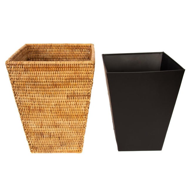Artifacts Rattan Square Tapered Waste Basket with Metal Liner in Honey Brown For Sale - Image 4 of 7