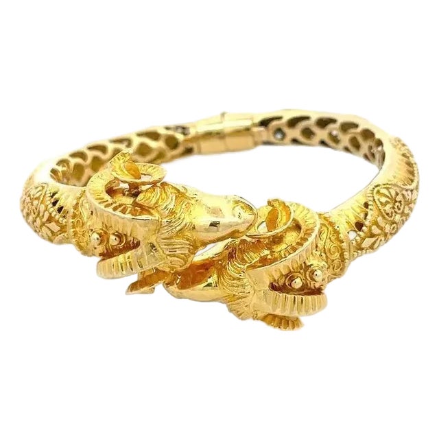 Etruscan 18k Gold Flex Bracelet Revival Double Rams Head Hinged Band For Sale