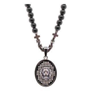 Black Onyx and Silver Lion Men's Beaded Unique Necklace For Sale