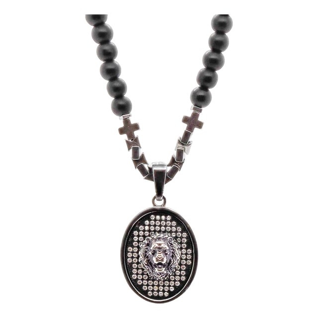 Black Onyx and Silver Lion Men's Beaded Unique Necklace For Sale