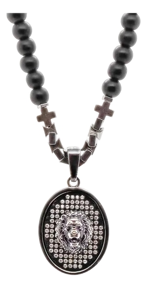 Black Onyx and Silver Lion Men's Beaded Unique Necklace