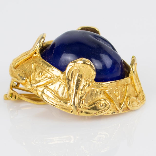 French Designer MCL Gilt Metal Clip Earrings With Blue Cabochons - 2 Pieces For Sale - Image 4 of 6