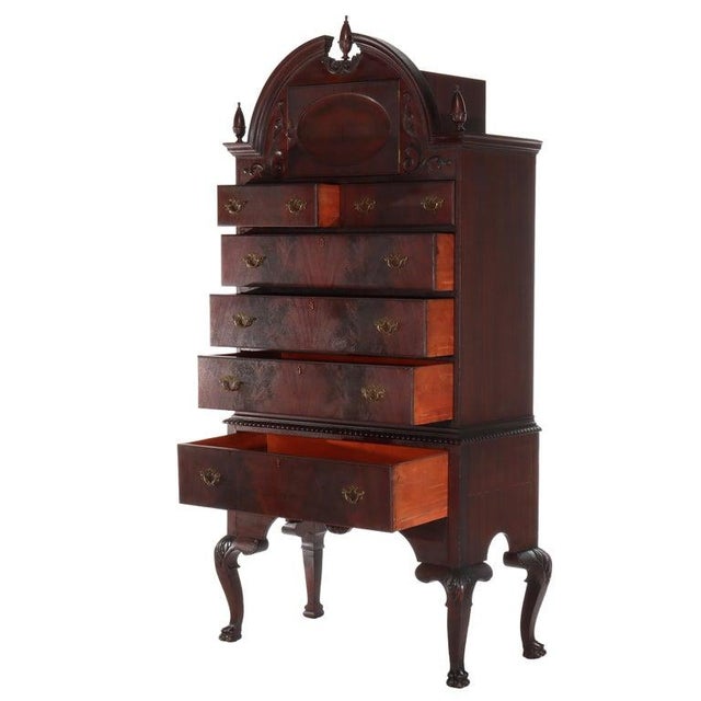 Antique Queen Anne Style Carved Mahogany Bonnet Top High Boy C1900 For Sale - Image 6 of 18