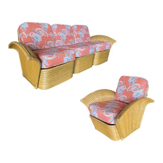 Restored 1930s "Golden Girls" Art Deco Rattan Fan Arm 3-Seat Sofa & Lounge Chair Living Room Set For Sale