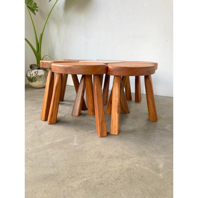 Flower Coffee Table Set with Elm Tripod Stools, 1950s, Set of 7 For Sale - Image 13 of 18