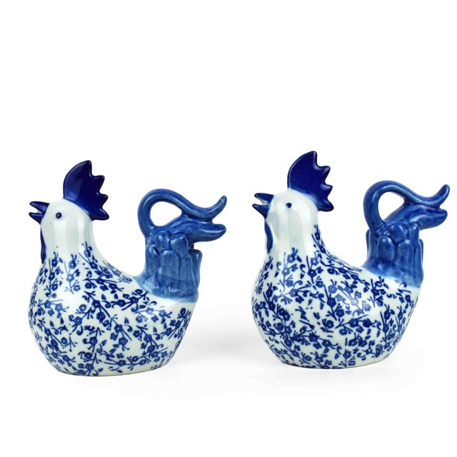 Farmhouse Vintage Chinoiserie Style Blue and White Porcelain Rooster Figurines With Floral Motif - 2 Pieces For Sale - Image 3 of 7
