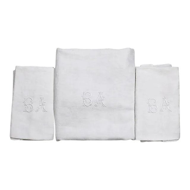 Antique French "B A" Monogram Table Linens, 11 Pieces For Sale