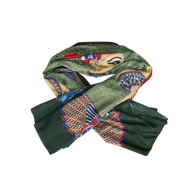 Vintage Arab Tex Egyptian Revival textile / scarf / tapestry featuring Queen Nefertiti busts, the Eye of Horus, scarab...