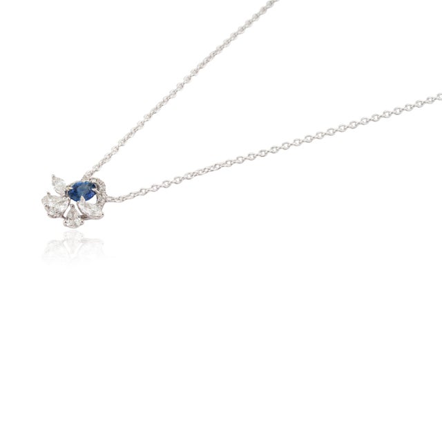 Metal Vintage-Inspired Blue Sapphire & Diamond Floral Pendant Necklace 14k White Gold For Sale - Image 7 of 14