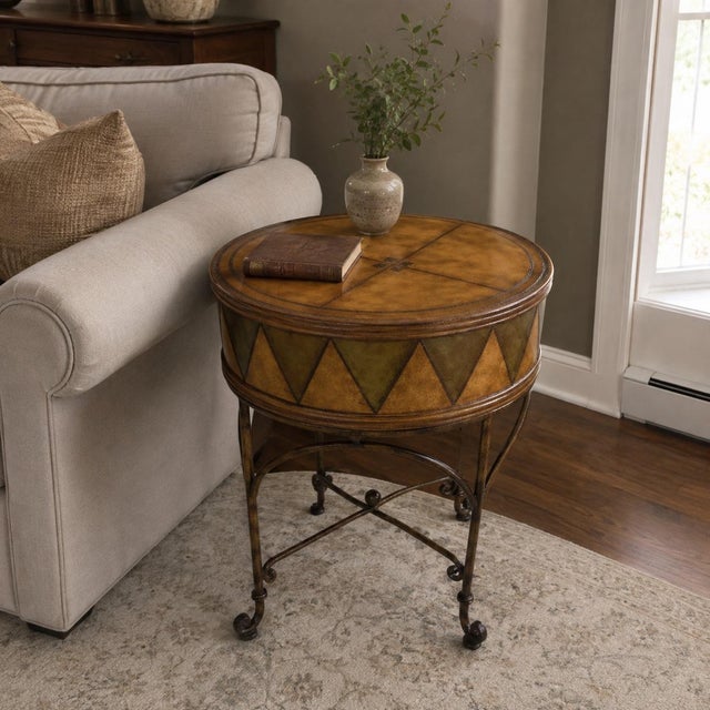 Butler Specialty Co. Hand-Painted Tooled Leather & Iron Drum Accent Table For Sale - Image 4 of 9