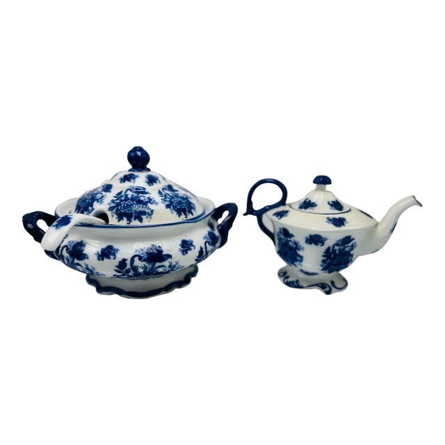 Antique Blue and White Soup Tureen and Tea Pot For Sale