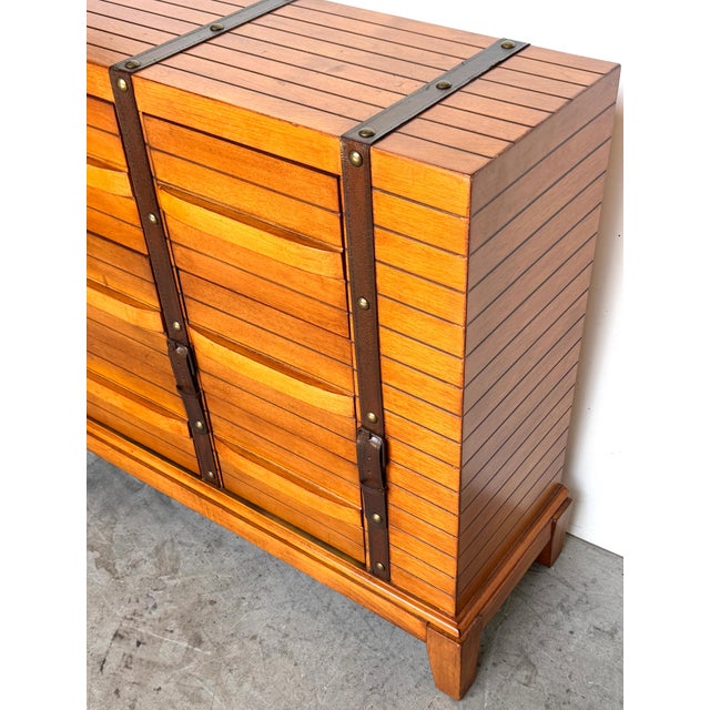 French Moderne Style Leather-Strapped Six-Drawer Chest Manner of Jacques Adnet For Sale - Image 13 of 14