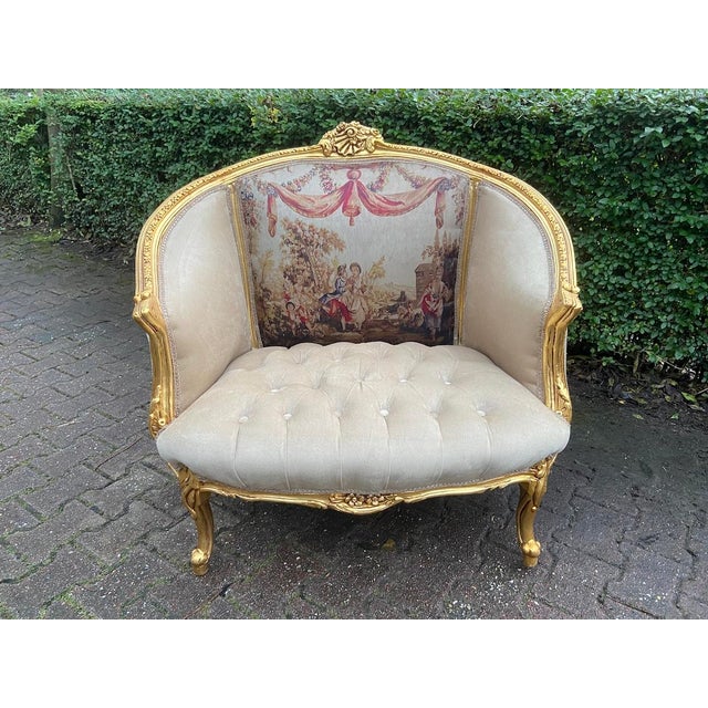 c.1900 French Marquise Gold Beech Velvet Loveseat For Sale - Image 13 of 13