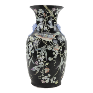 Mid 20th Century Chinese Black Glaze Famille Noire Porcelain Vase With Bird and Floral Motif