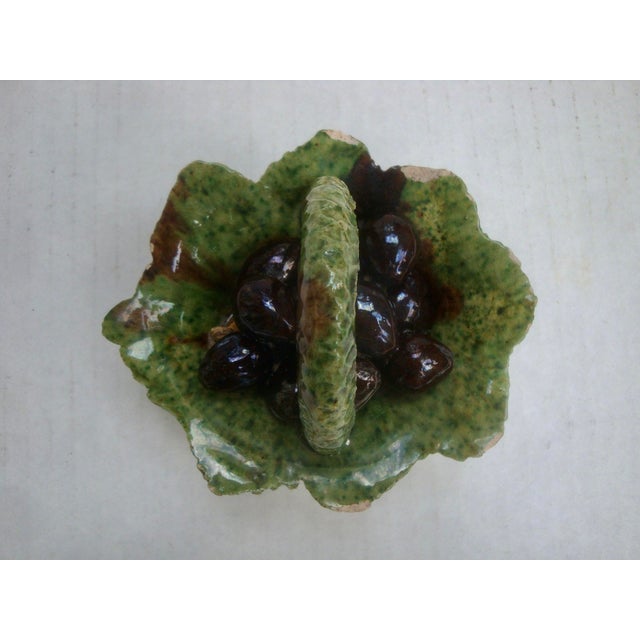 Rustic European Antique Miniature Majolica Trompe l'Oeil Olives Cabbageware Basket For Sale - Image 3 of 8