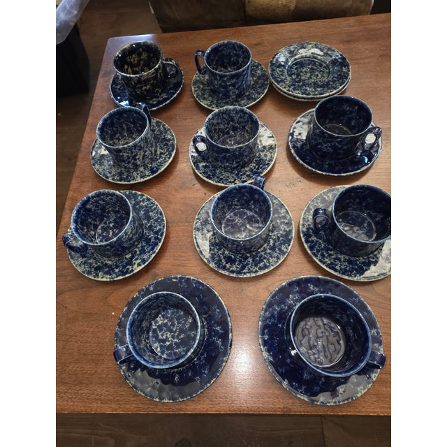 Vintage Collection of Bennington Blue Agate Cups and Saucers For Sale - Image 4 of 14