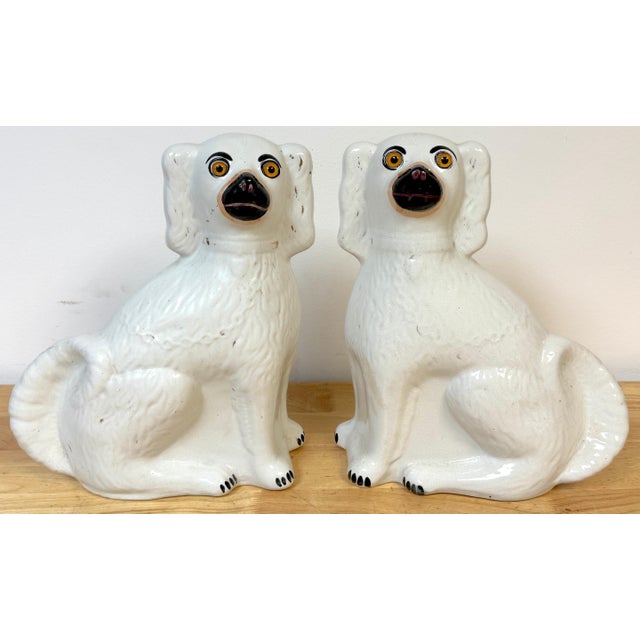 Large Pair Victorian Staffordshire Spaniel Dogs with Amber Glass Eyes, 1860s For Sale In West Palm - Image 6 of 14