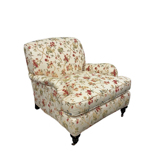 Early 21st Century Pair of Lee Industries Floral Upholstered Lounge Chairs With Brass Casters For Sale - Image 5 of 12
