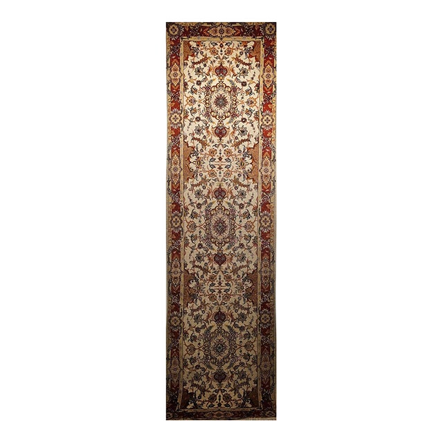 Vintage Persian Tabriz Runner, Fine Hand-Knotted Wool & Silk, Floral Design, Ivory & Red, 3x11 For Sale