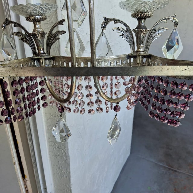 1940's Hollywood Regency Silvered Metal With Amethyst & Pink Cut Austrian Crystal Waterfall Wall Sconces a - Pair For Sale - Image 16 of 18