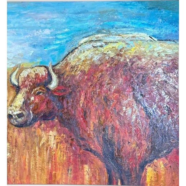 American Late 20th Century Oversized Mid-Century Western Expressionist Bison Buffalo Original Impasto Oil Painting Gallery Wrap Canvas For Sale - Image 3 of 12