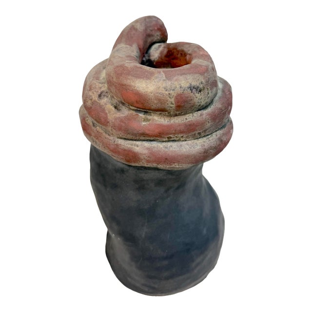 Vintage Handmade Studio Black Red Glaze Brutalist Art Pottery Vase Sculpture For Sale