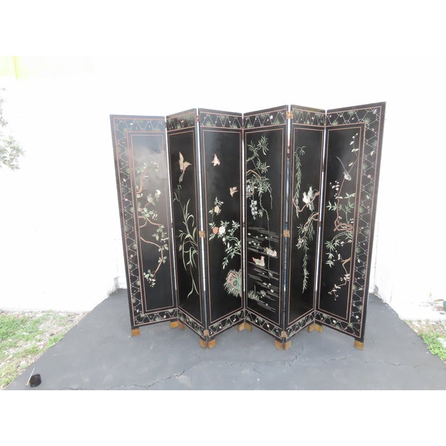 Asian Oriental Tall Six Panel Hand Painted Privacy Screen Room Divider 6439 For Sale - Image 4 of 18